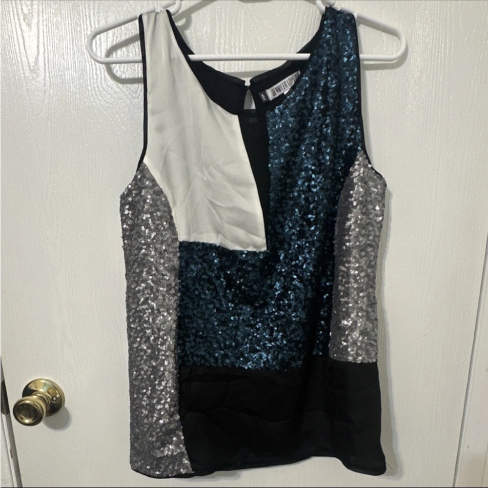 Jennifer Lopez Sequin Sleeveless Blouse - Blue, Silver, Black, White